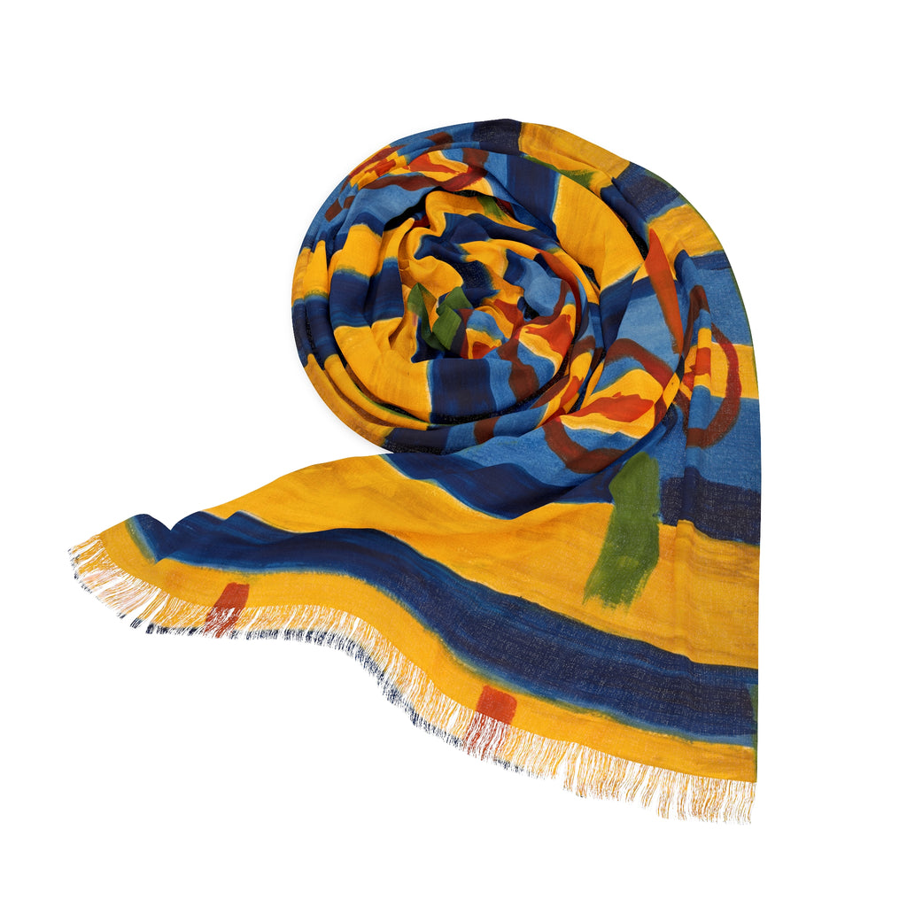 Geometric Gold and Blue Light Scarf — Lightweight Abstract Pattern Wrap