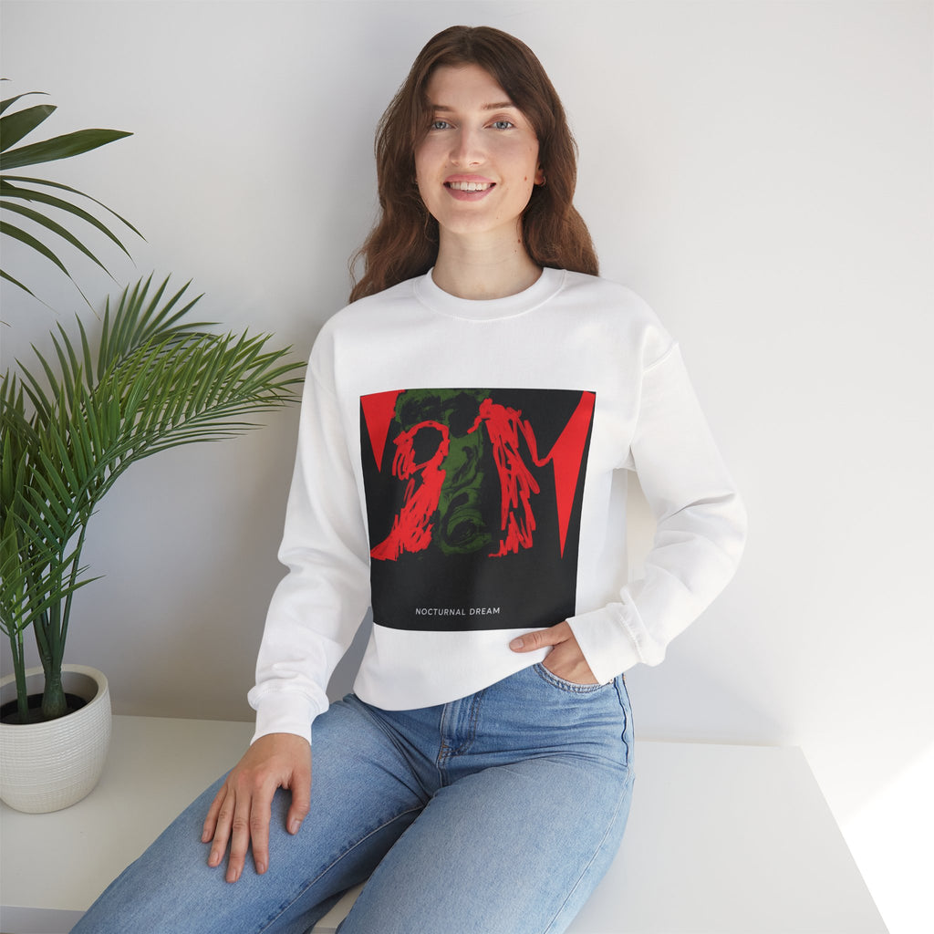 Nocturnal Dream Graphic Sweatshirt — Abstract Red & Green Art Crewneck
