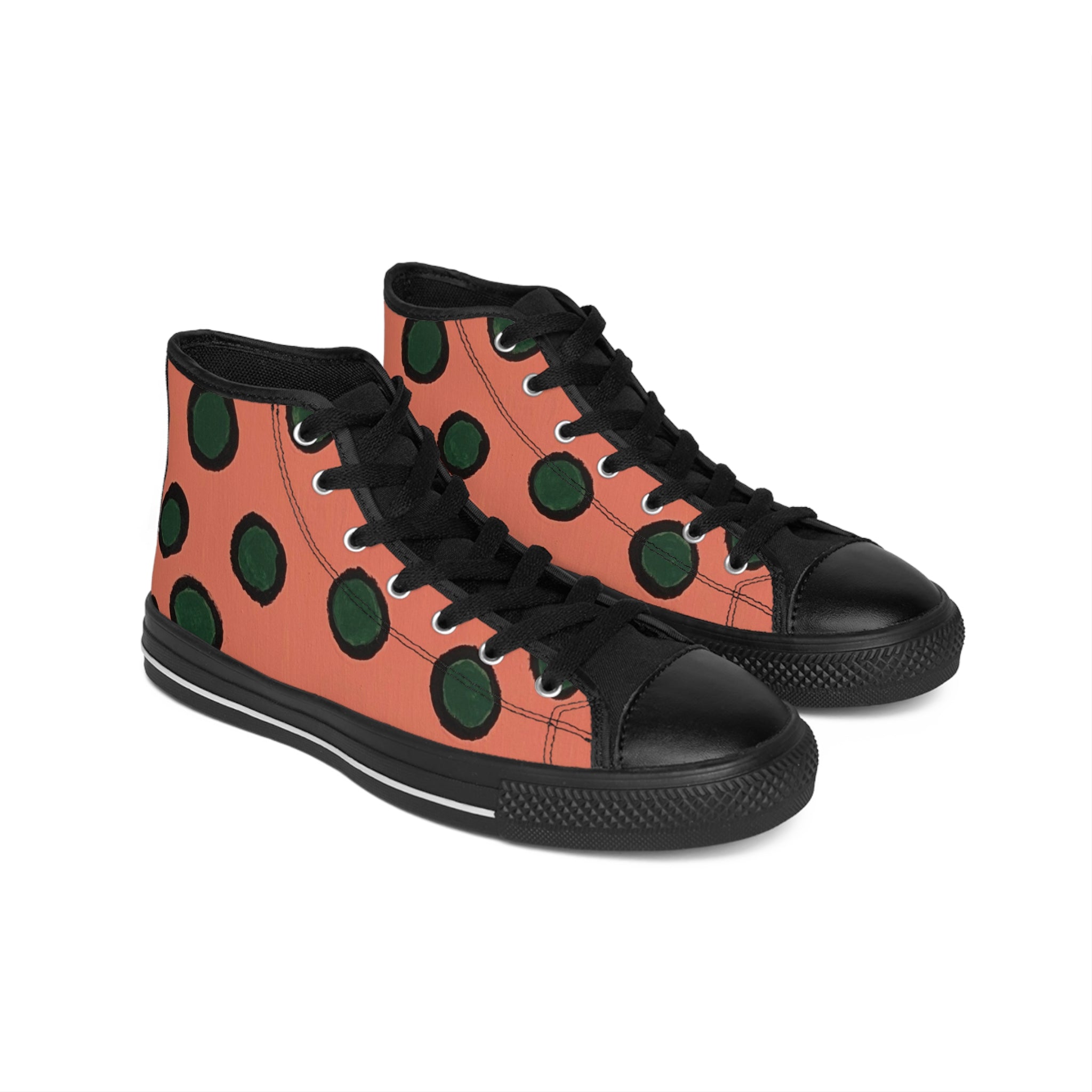 Women's Polka Dot High-Top Sneakers — Retro Peach & Green Dot Pattern
