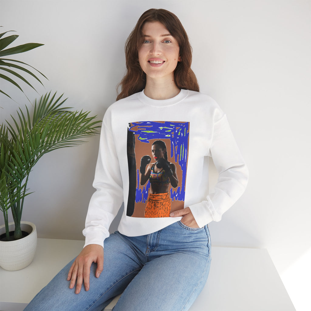 Boxing Woman Art Crewneck Sweatshirt — Retro Skate-Punk Portrait Design