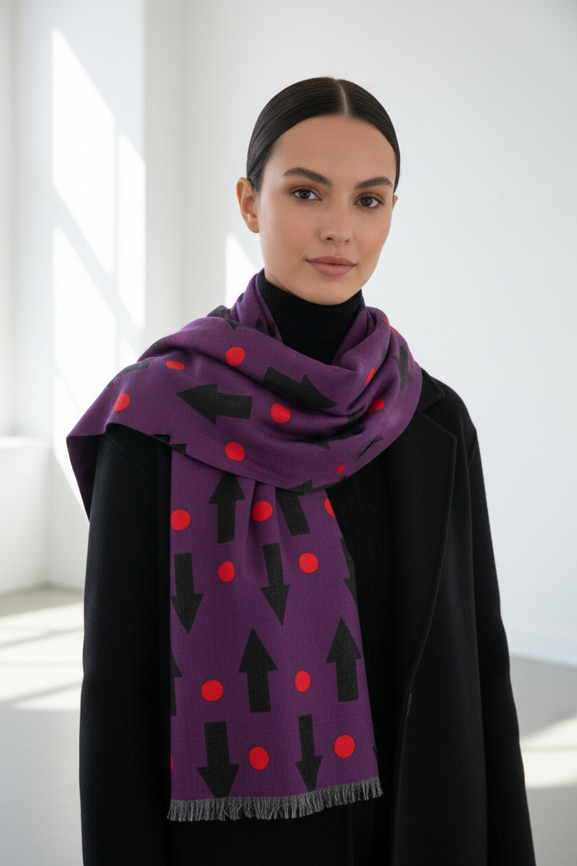 Purple Arrow Pattern Scarf — Lightweight Wool-Blend Throw with Red Dot Accent