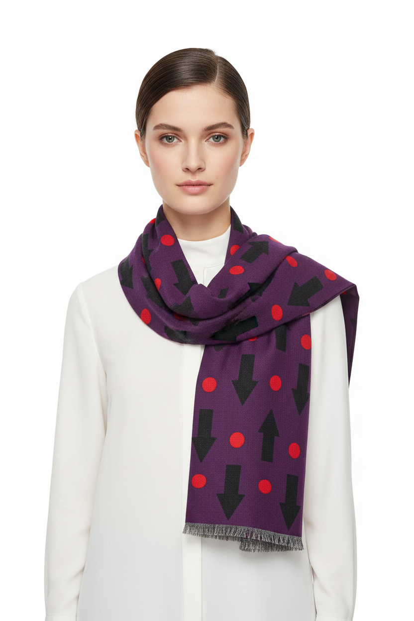 Purple Arrow Pattern Scarf — Lightweight Wool-Blend Throw with Red Dot Accent