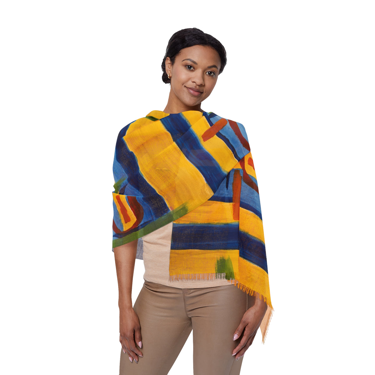 Geometric Gold and Blue Light Scarf — Lightweight Abstract Pattern Wrap