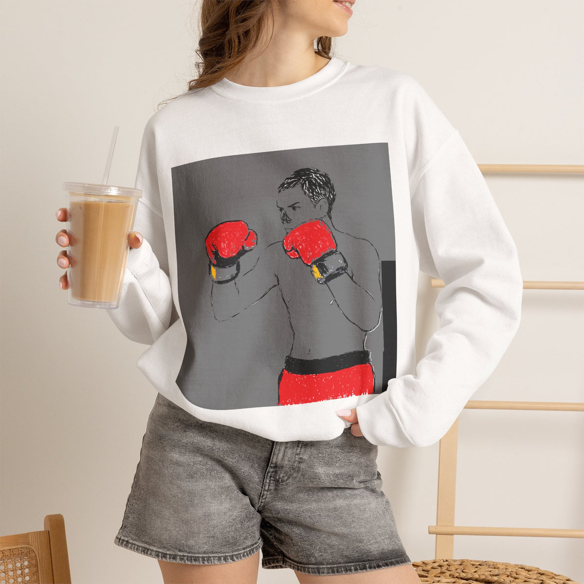 Boxing Illustration Crewneck Sweatshirt — Vintage Boxer Graphic Pullover
