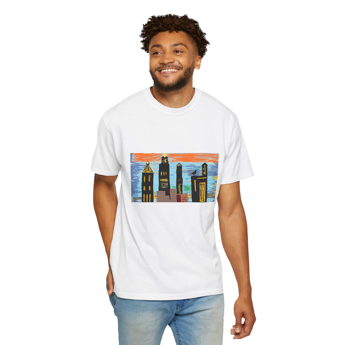 City Skyline T-Shirt — Colorful Hand-Drawn Urban Sunset Tee