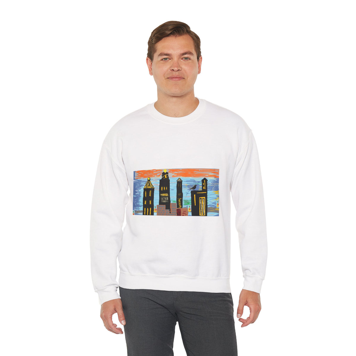 City Skyline Crewneck Sweatshirt — Colorful Urban Sunset Graphic