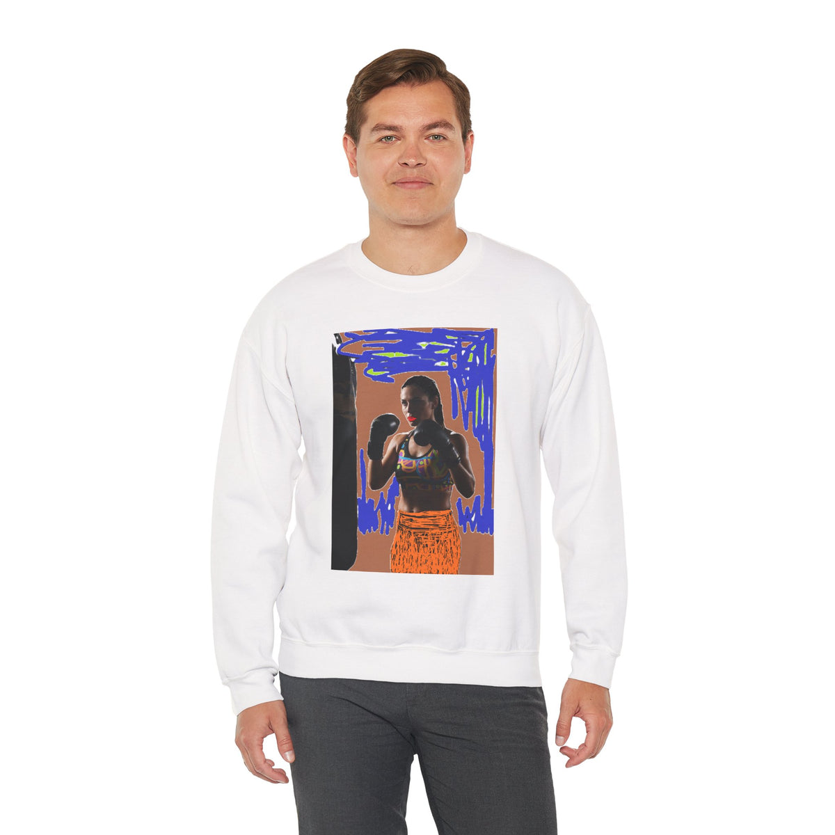 Boxing Woman Art Crewneck Sweatshirt — Retro Skate-Punk Portrait Design