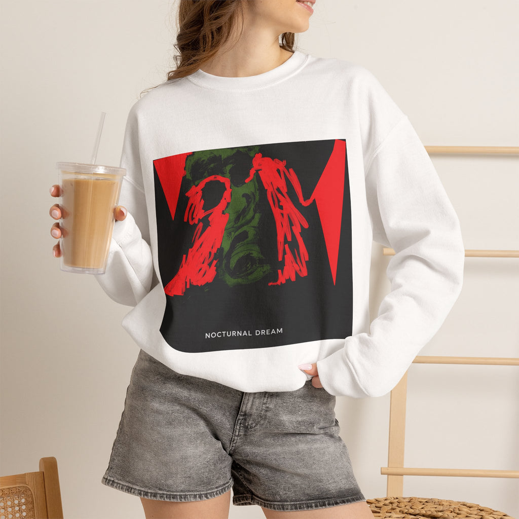 Nocturnal Dream Graphic Sweatshirt — Abstract Red & Green Art Crewneck