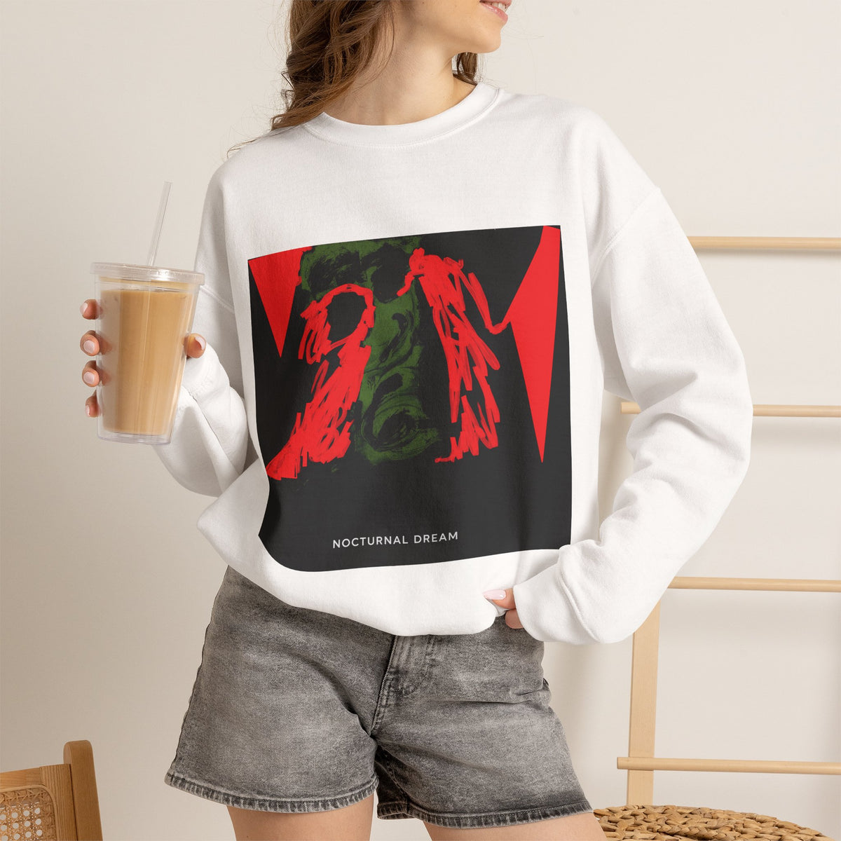 Nocturnal Dream Graphic Sweatshirt — Abstract Red & Green Art Crewneck