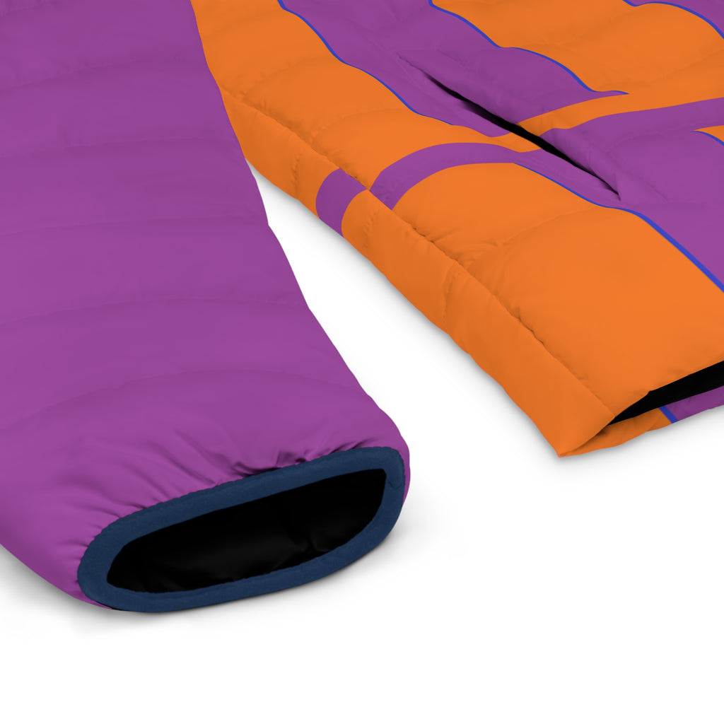 Colorblock Geometric Puffer Jacket — Bold Orange & Purple Men's Coat