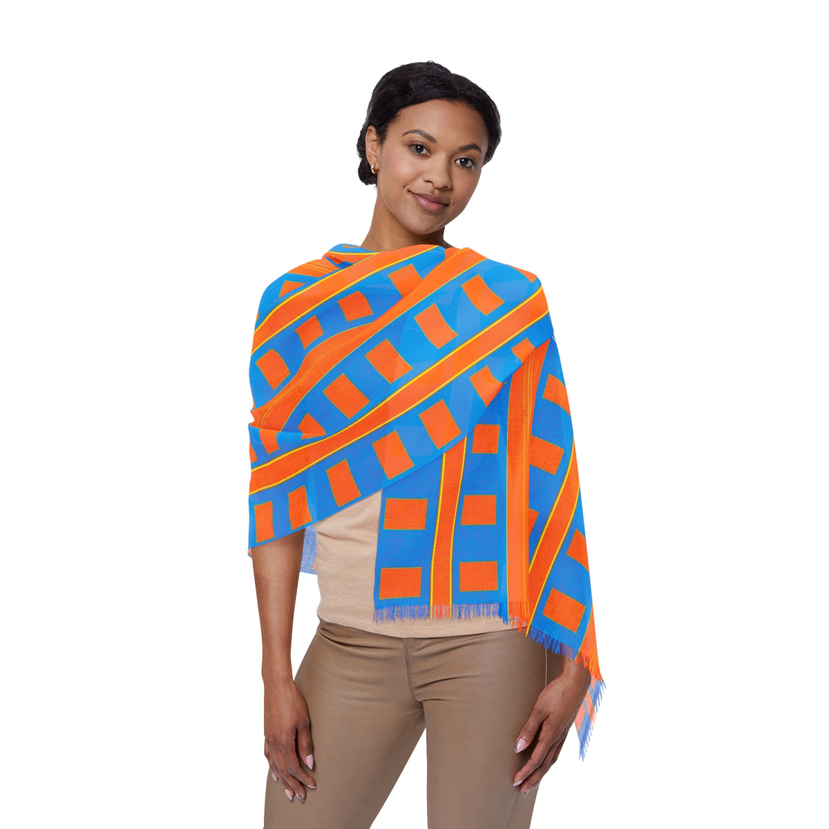 Geometric Stripe Lightweight Scarf — Colorblock Blue & Orange Fashion Wrap