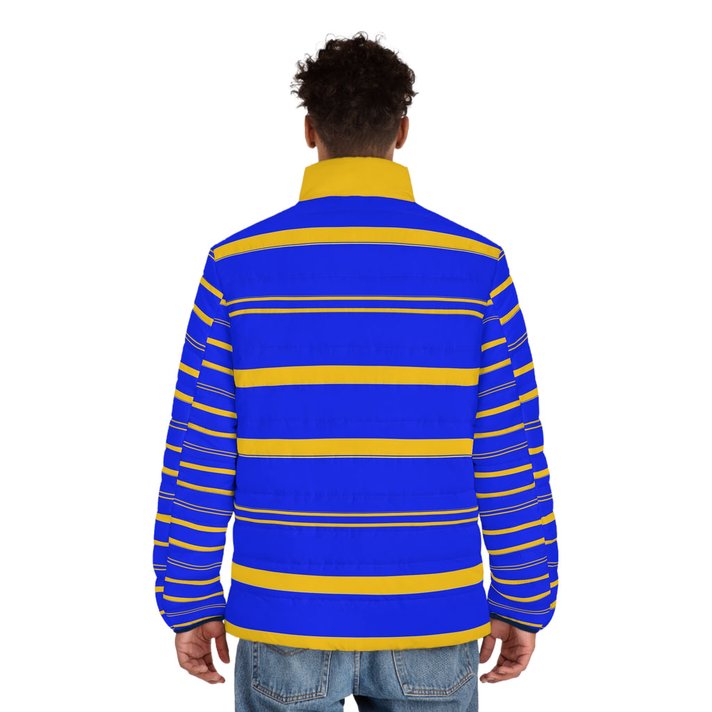 Blue & Yellow Striped Puffer Jacket — Men's Bold Colorblock Winter Coat
