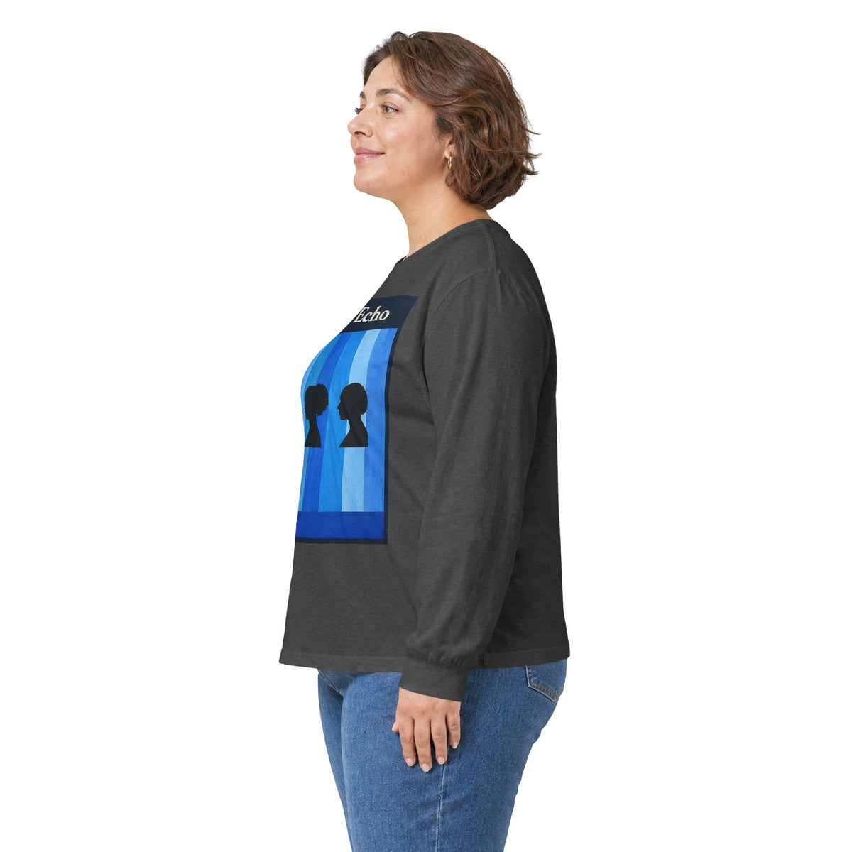Azure Echo Long Sleeve Tee — Blue Stripe Silhouette Graphic