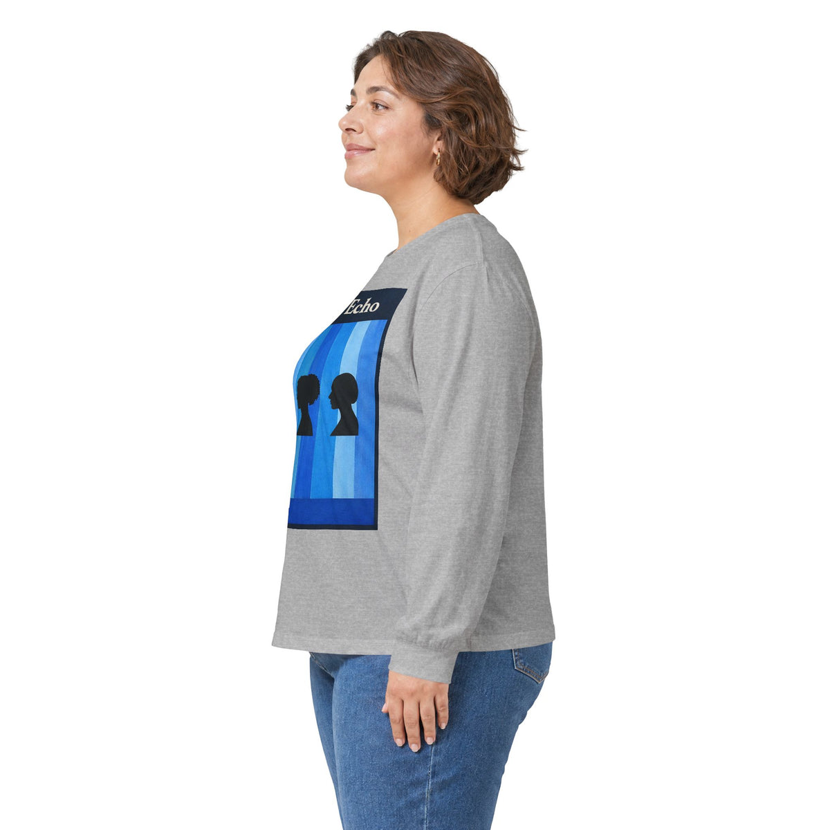 Azure Echo Long Sleeve Tee — Blue Stripe Silhouette Graphic
