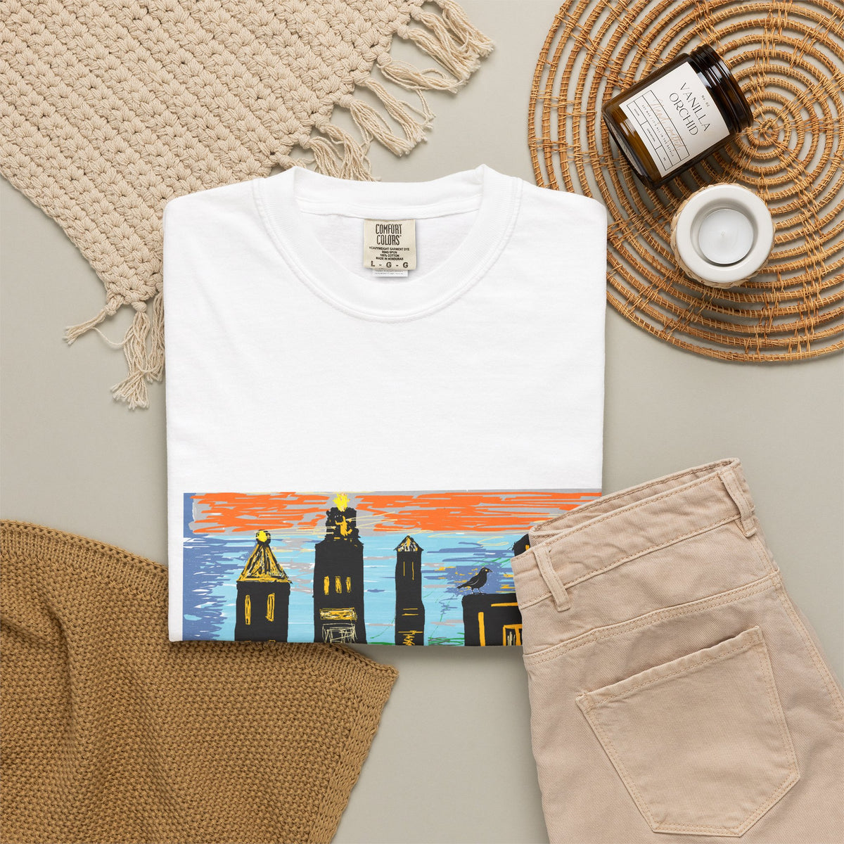 City Skyline T-Shirt — Colorful Hand-Drawn Urban Sunset Tee