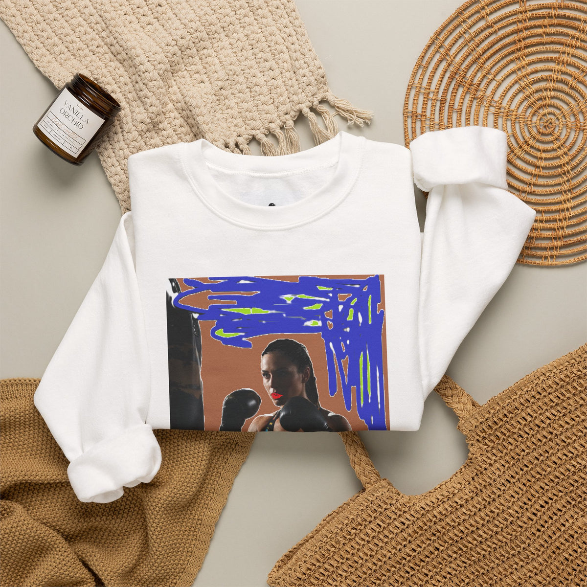 Boxing Woman Art Crewneck Sweatshirt — Retro Skate-Punk Portrait Design