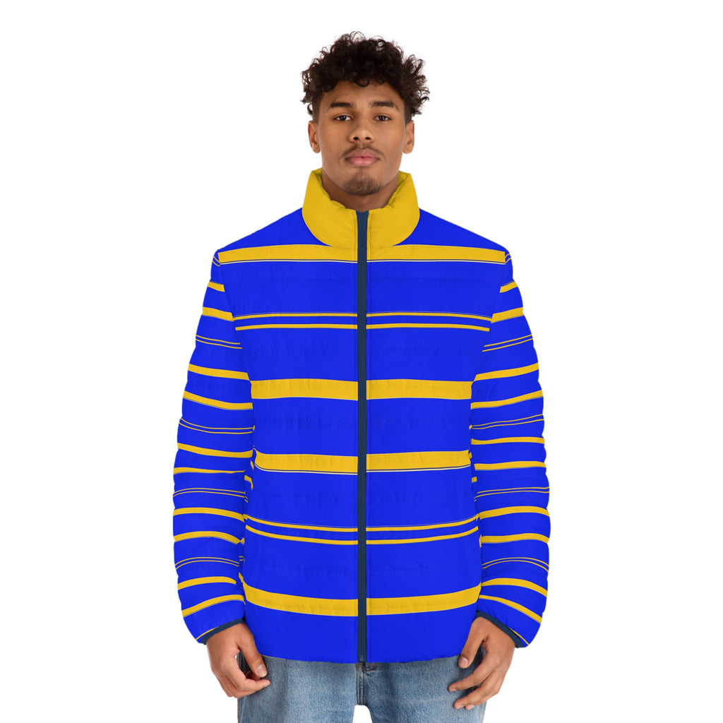 Blue & Yellow Striped Puffer Jacket — Men's Bold Colorblock Winter Coat