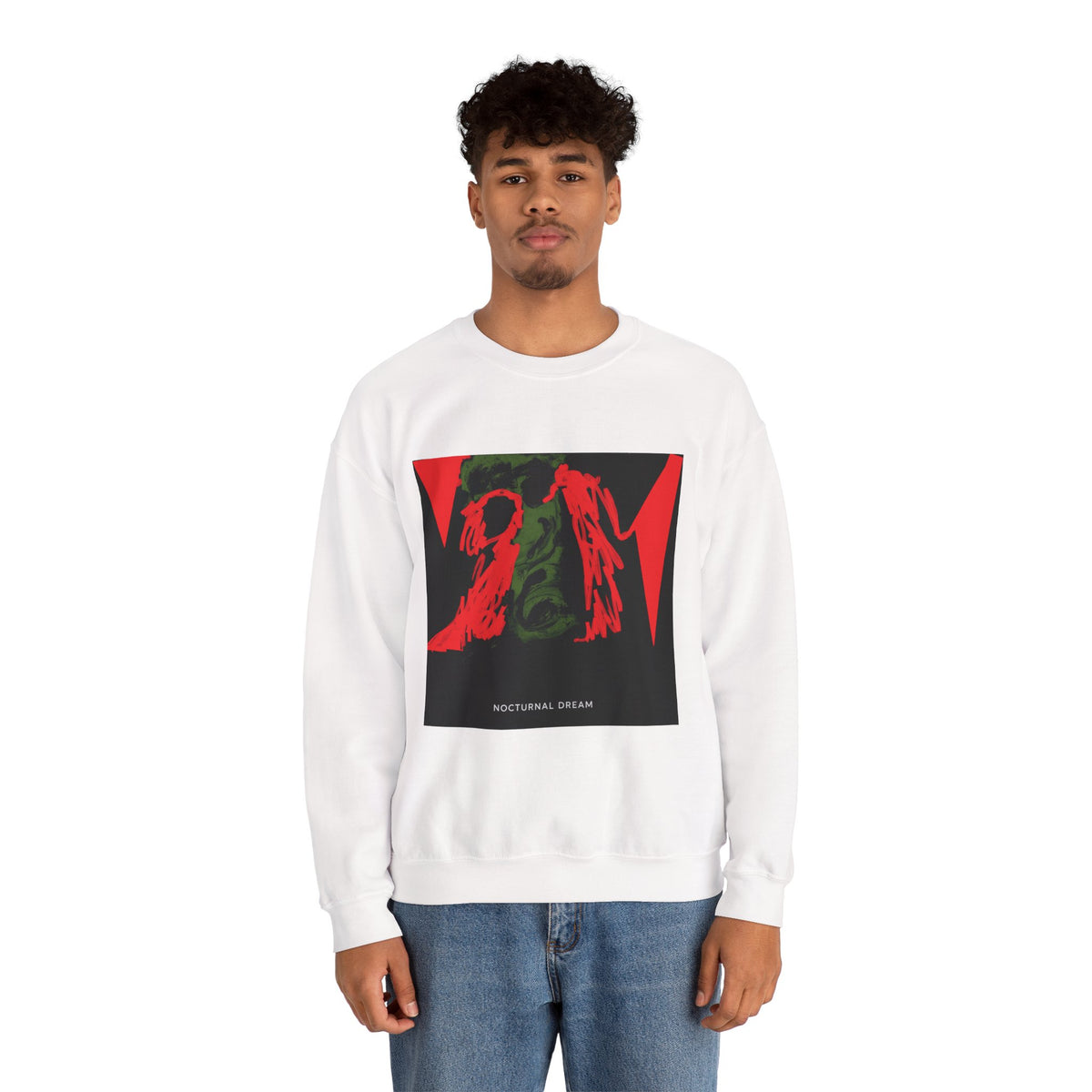 Nocturnal Dream Graphic Sweatshirt — Abstract Red & Green Art Crewneck