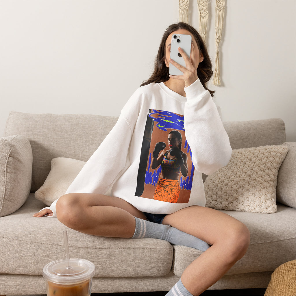 Boxing Woman Art Crewneck Sweatshirt — Retro Skate-Punk Portrait Design