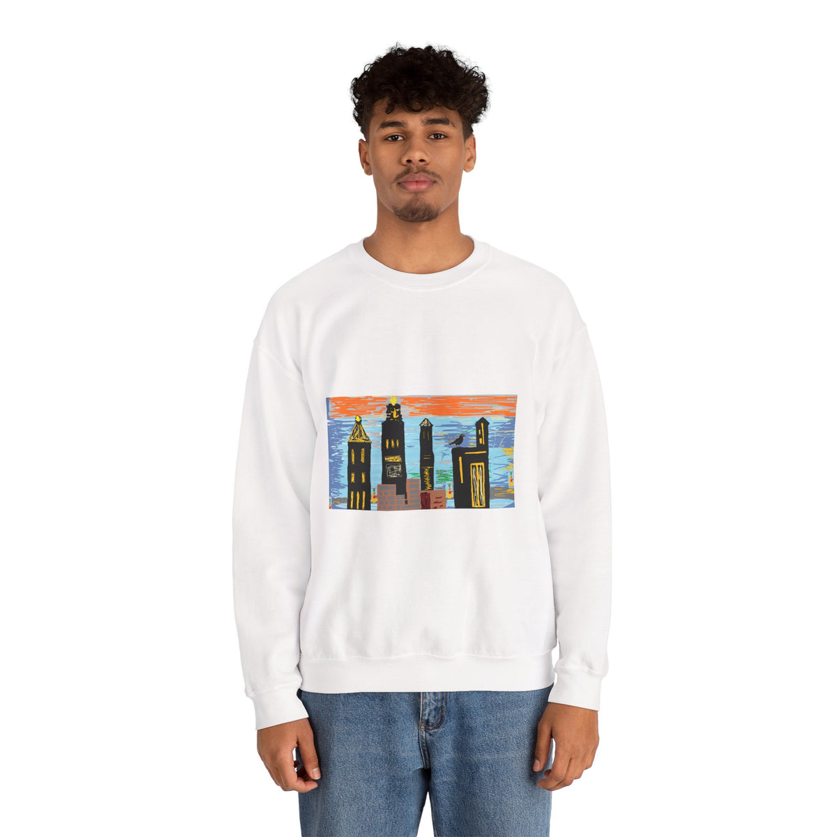 City Skyline Crewneck Sweatshirt — Colorful Urban Sunset Graphic