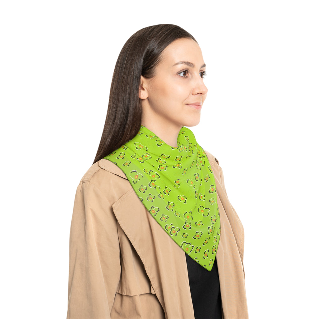 Neon Green Floral Leopard Print Scarf — Lightweight Poly Square Scarf