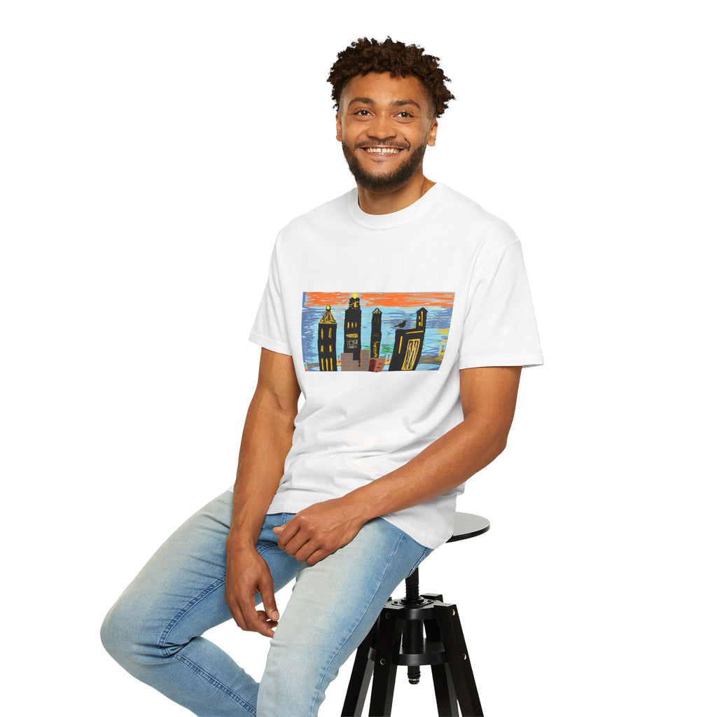 City Skyline T-Shirt — Colorful Hand-Drawn Urban Sunset Tee