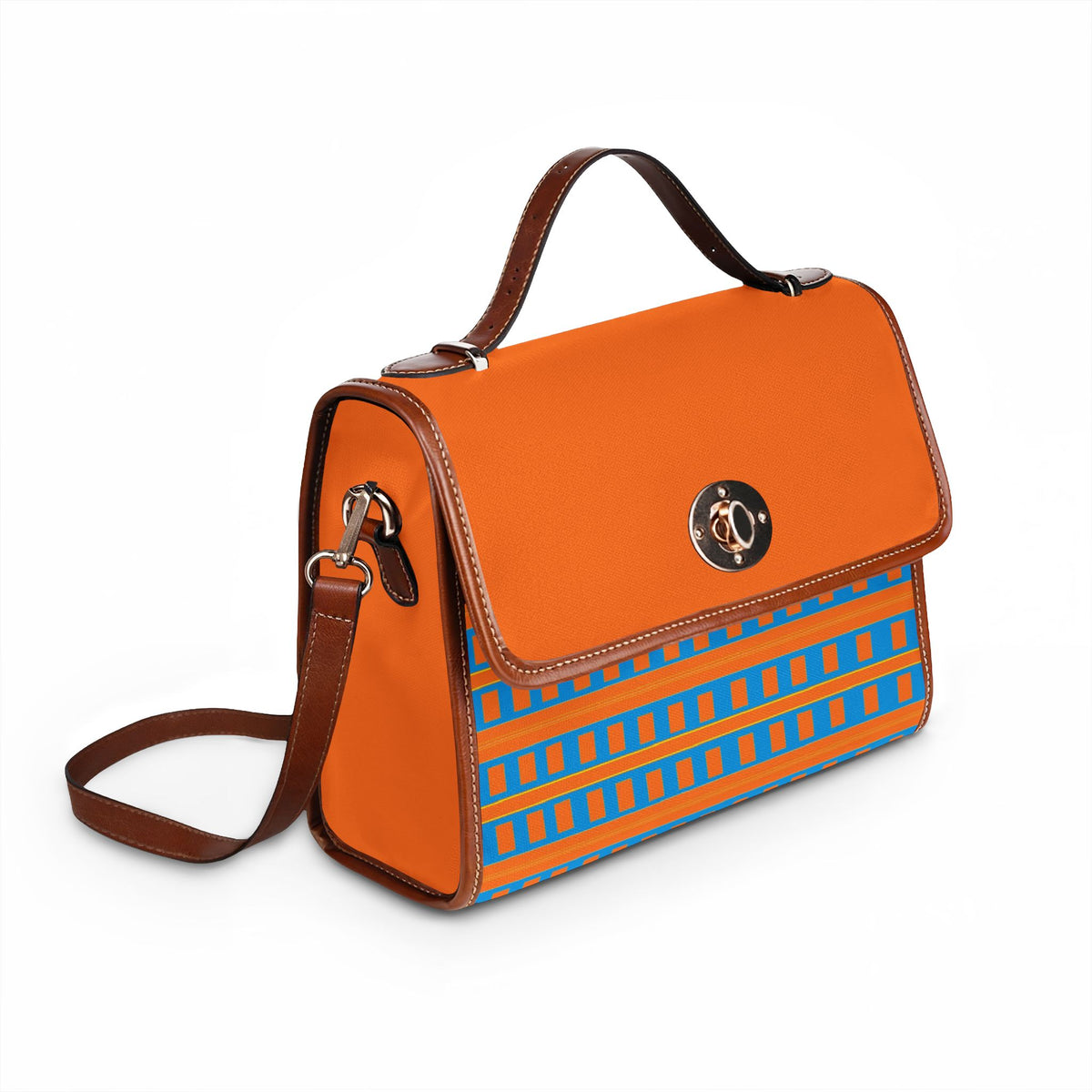 Waterproof Canvas Satchel — Orange & Blue Geometric Crossbody Bag