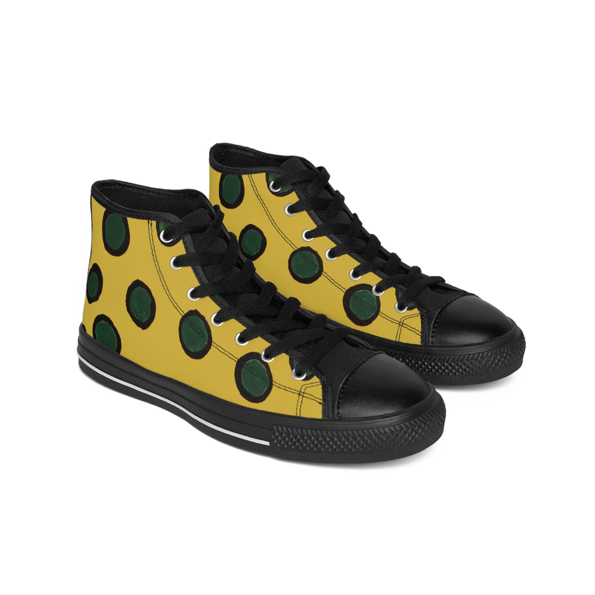 Yellow Polka Dot High-Top Sneakers — Women's Retro Green Spot Canvas Shoes