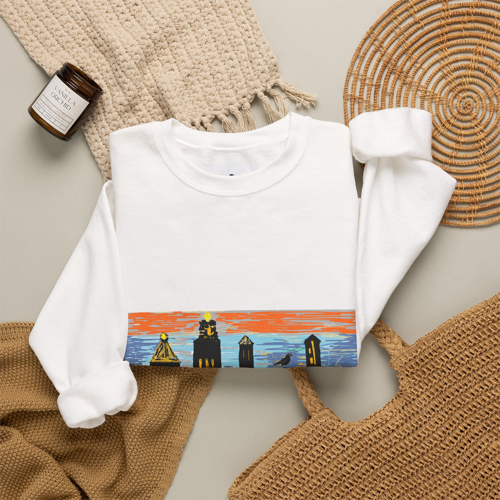City Skyline Crewneck Sweatshirt — Colorful Urban Sunset Graphic