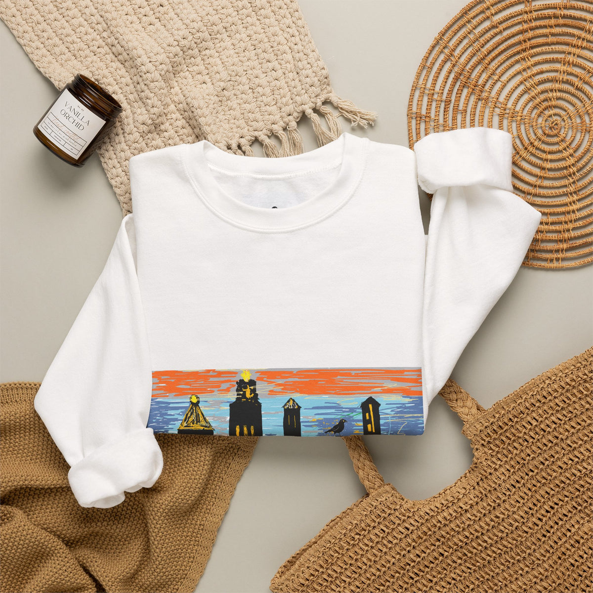 City Skyline Crewneck Sweatshirt — Colorful Urban Sunset Graphic
