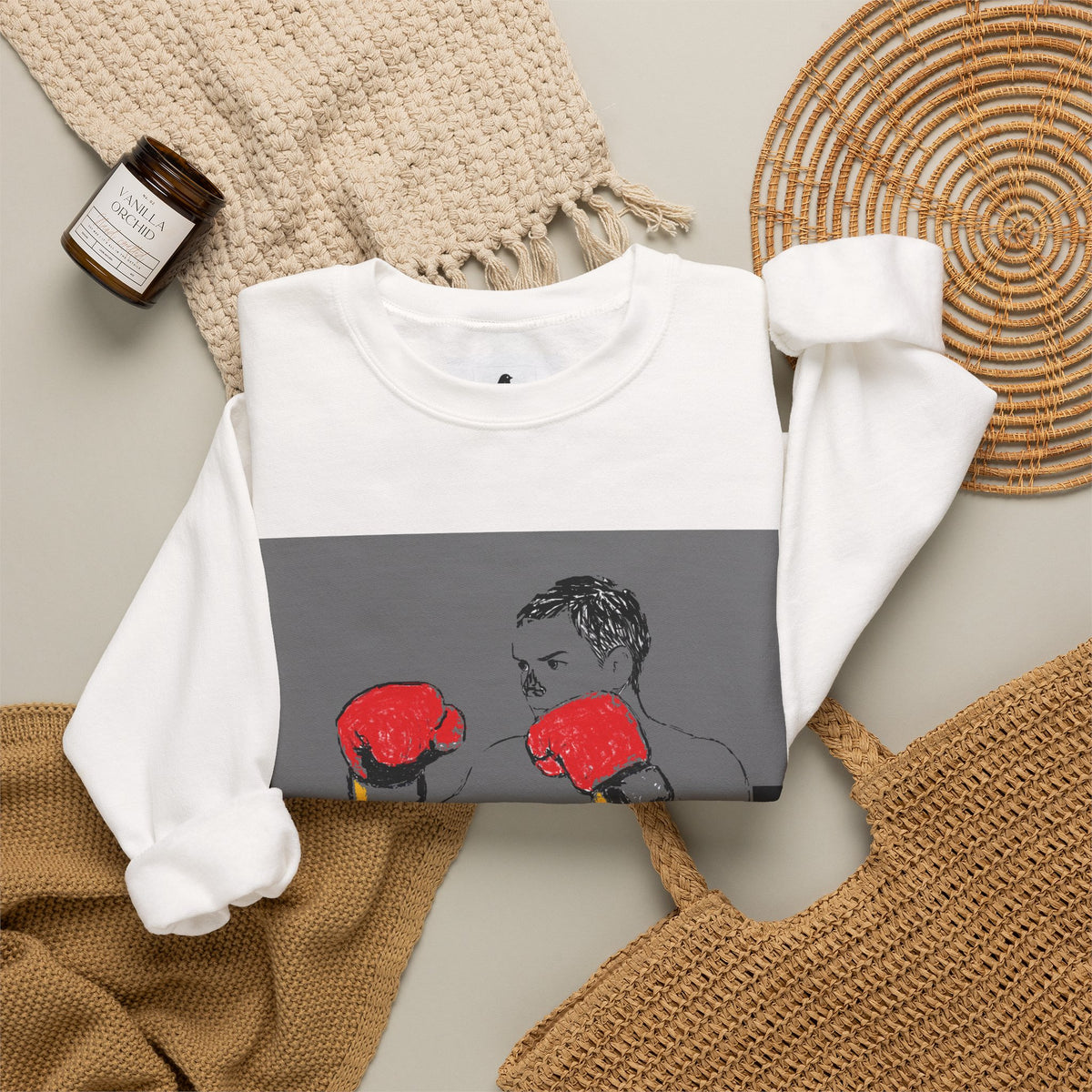 Boxing Illustration Crewneck Sweatshirt — Vintage Boxer Graphic Pullover