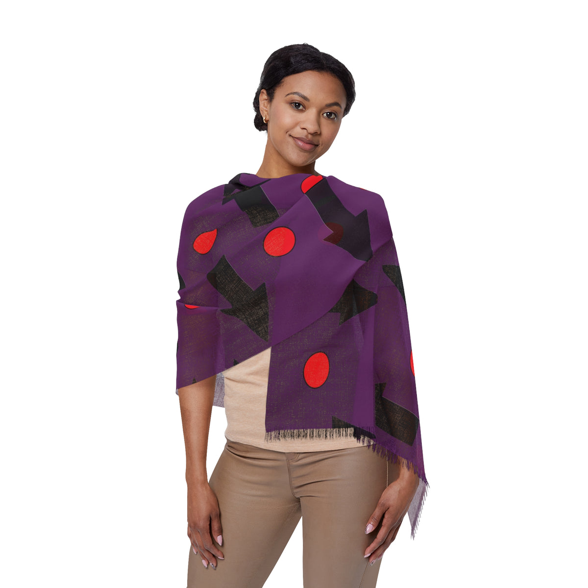 Purple Arrow Pattern Scarf — Lightweight Wool-Blend Throw with Red Dot Accent