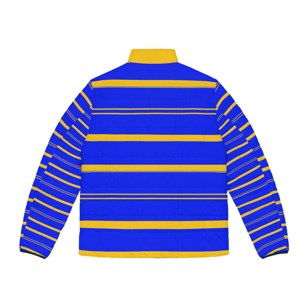 Blue & Yellow Striped Puffer Jacket — Men's Bold Colorblock Winter Coat