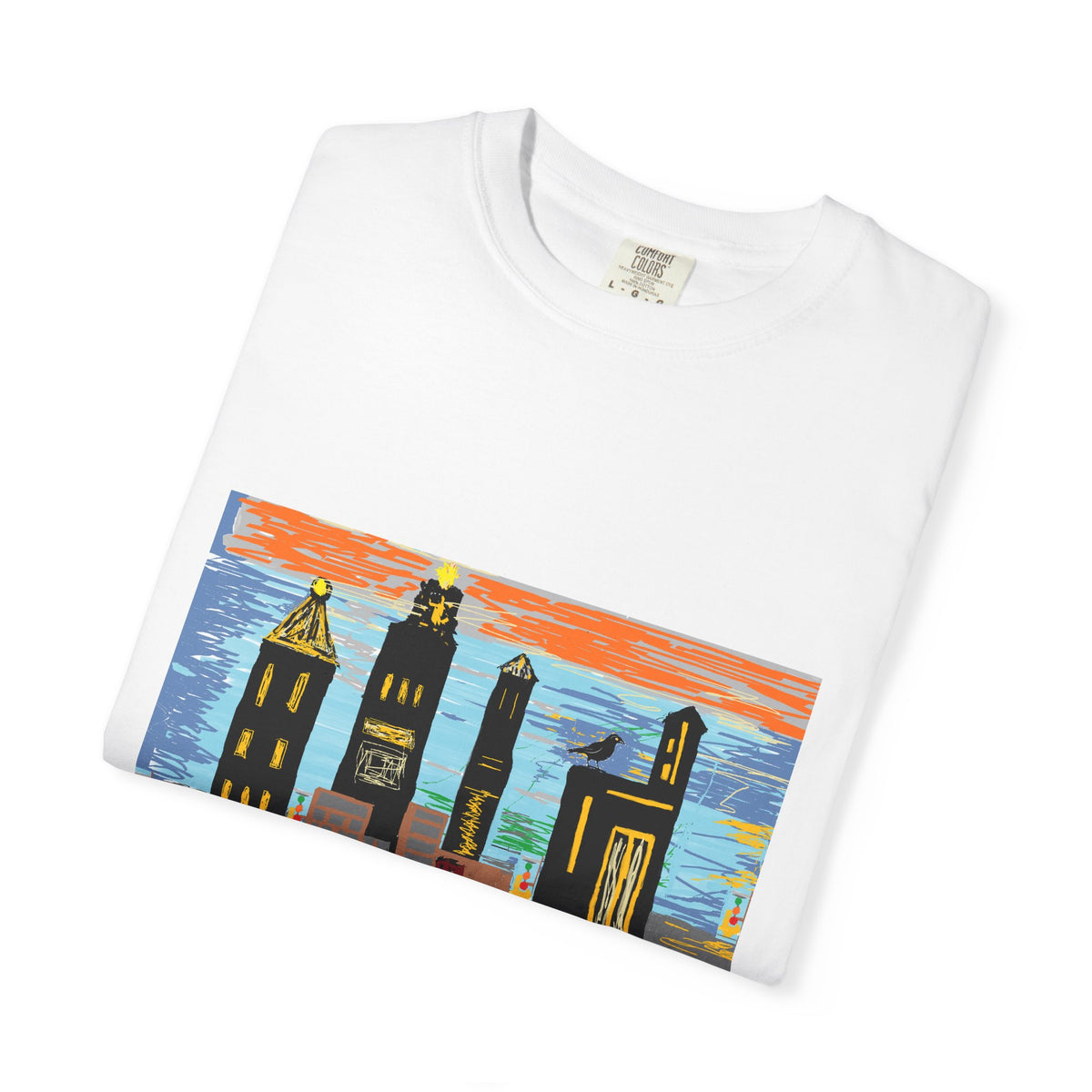 City Skyline T-Shirt — Colorful Hand-Drawn Urban Sunset Tee