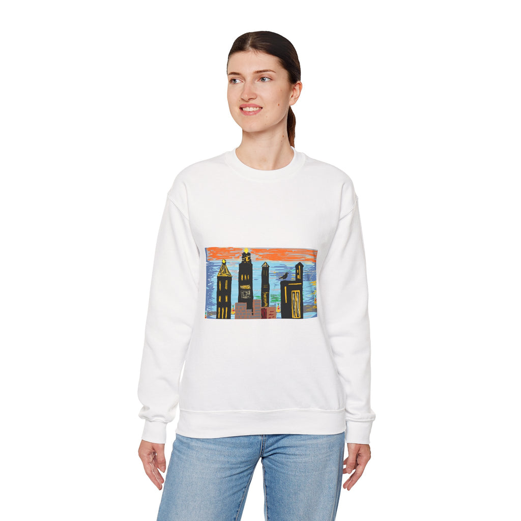City Skyline Crewneck Sweatshirt — Colorful Urban Sunset Graphic