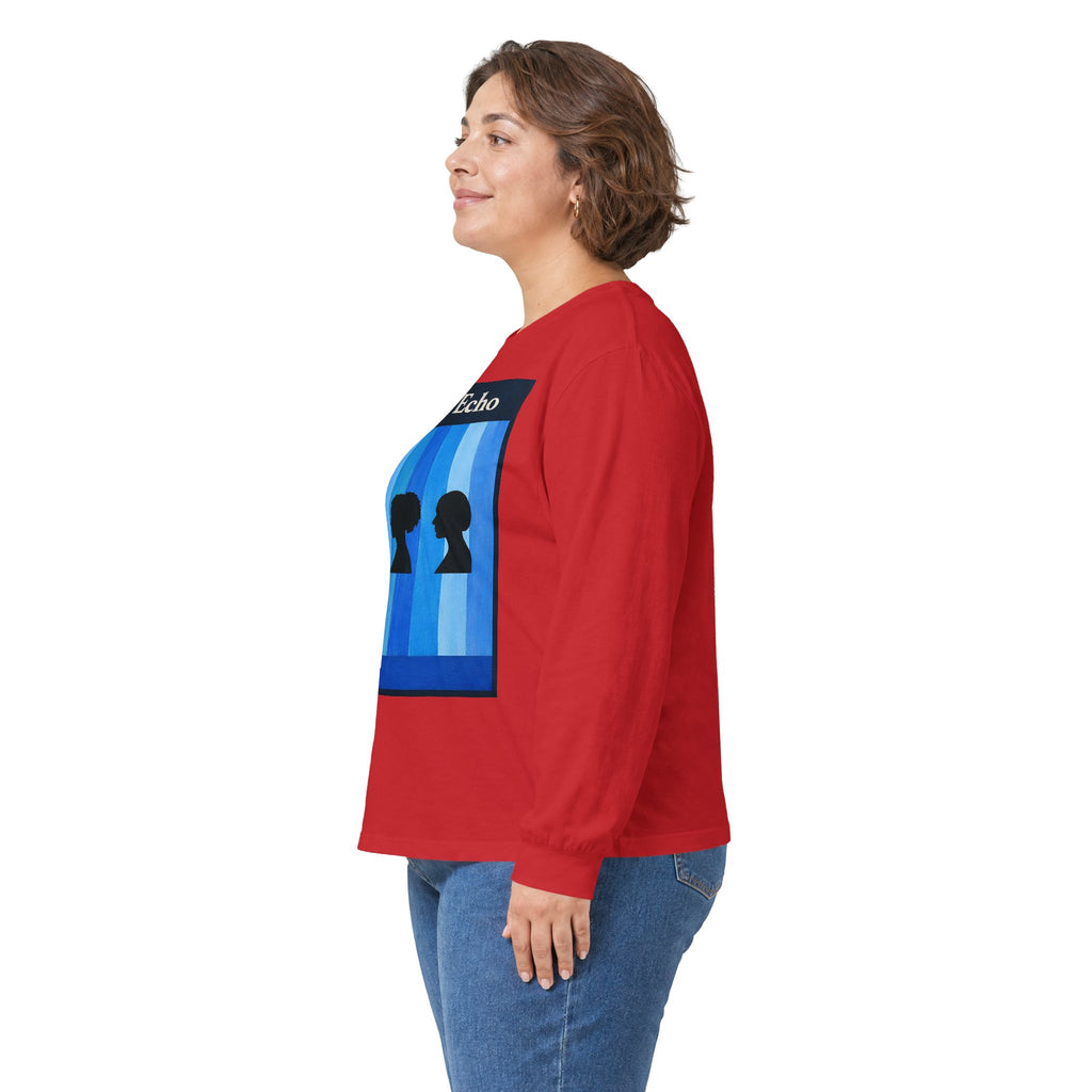 Azure Echo Long Sleeve Tee — Blue Stripe Silhouette Graphic