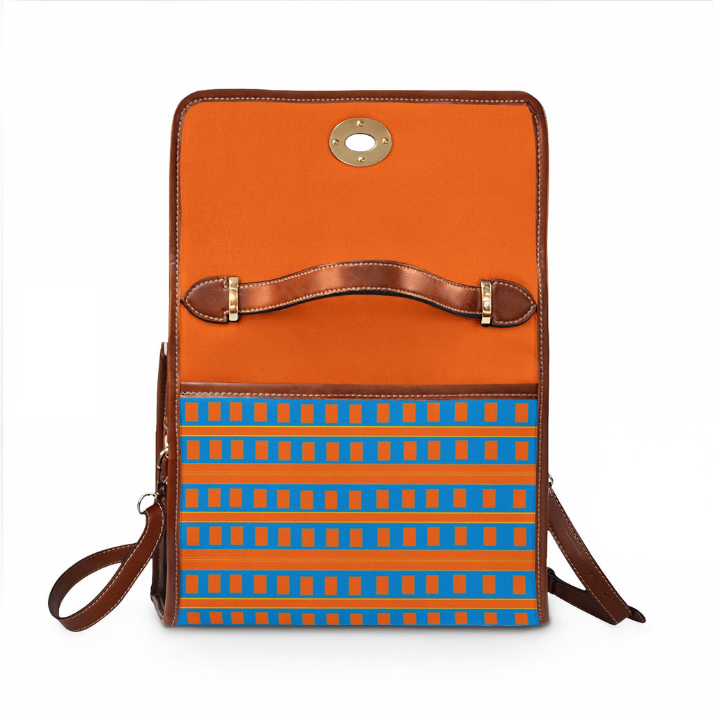 Waterproof Canvas Satchel — Orange & Blue Geometric Crossbody Bag