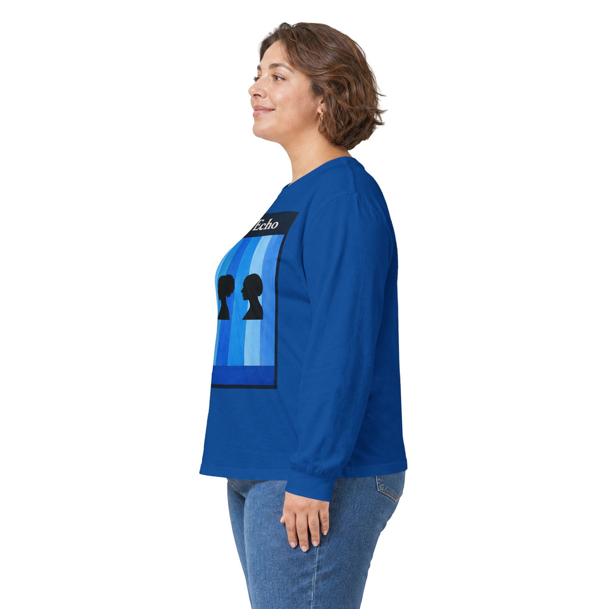 Azure Echo Long Sleeve Tee — Blue Stripe Silhouette Graphic
