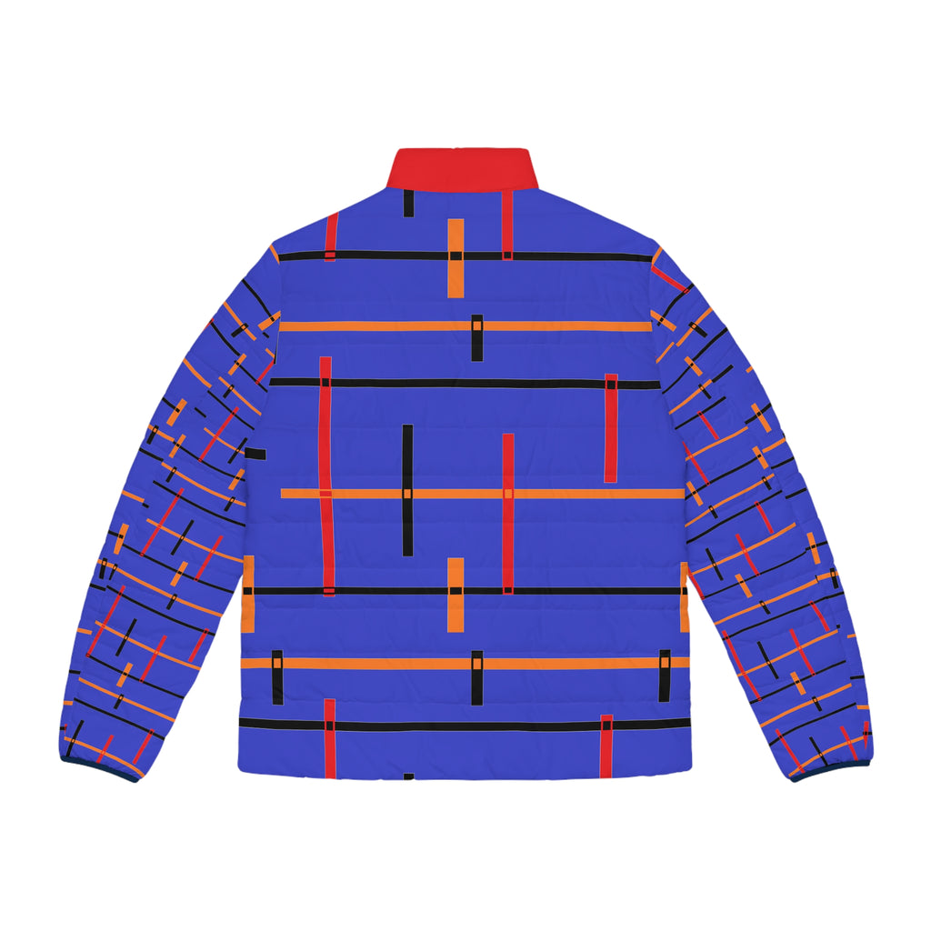 Blue Geometric Puffer Jacket — Men's Bold Stripe All-Over Print