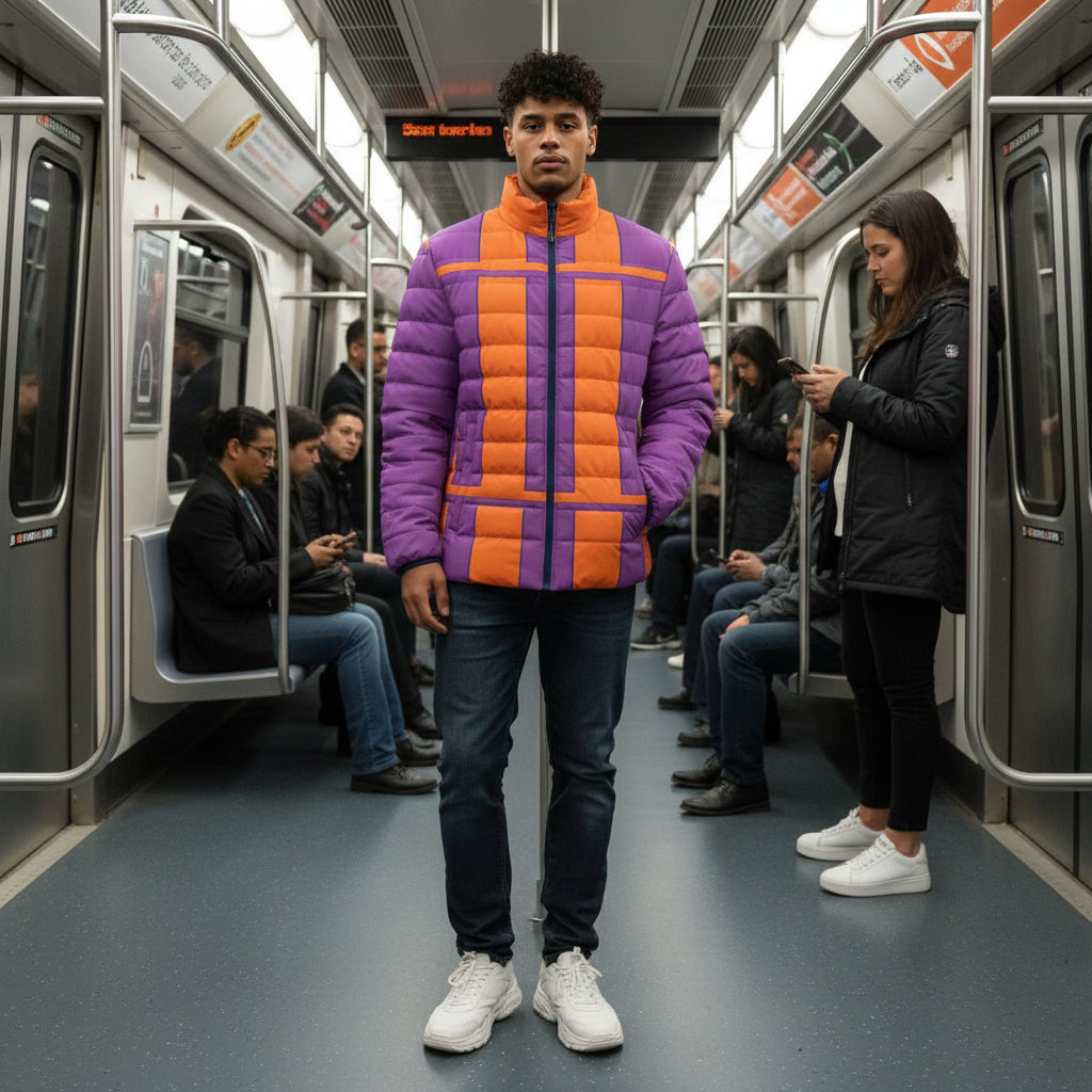Colorblock Geometric Puffer Jacket — Bold Orange & Purple Men's Coat