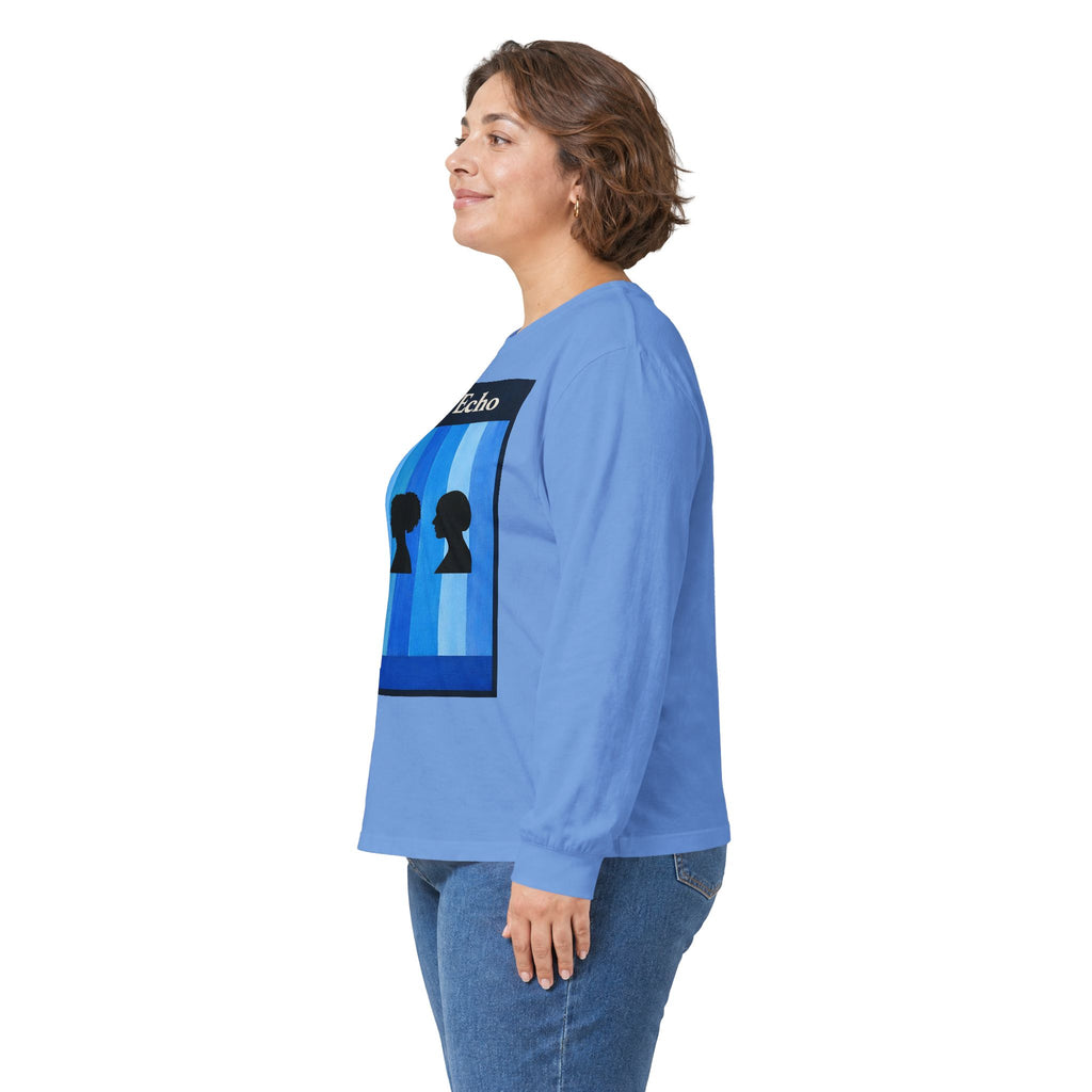 Azure Echo Long Sleeve Tee — Blue Stripe Silhouette Graphic