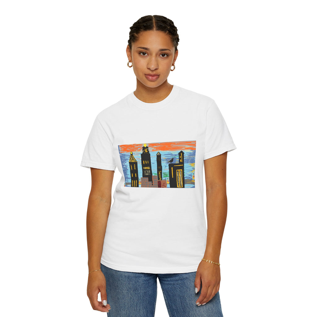 City Skyline T-Shirt — Colorful Hand-Drawn Urban Sunset Tee