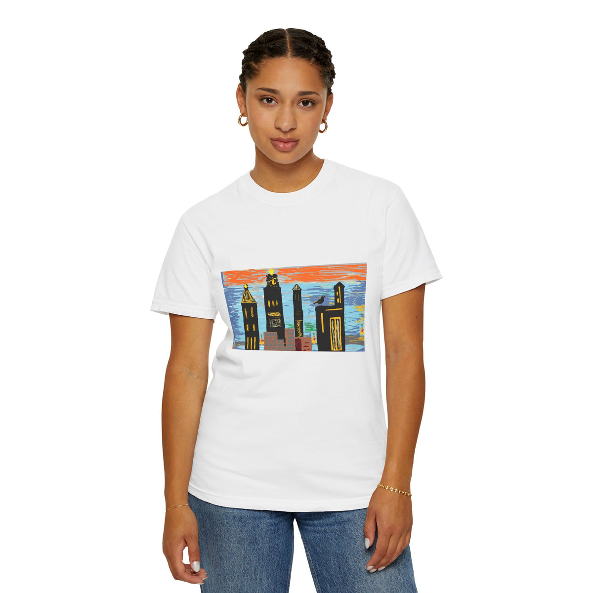 City Skyline T-Shirt — Colorful Hand-Drawn Urban Sunset Tee