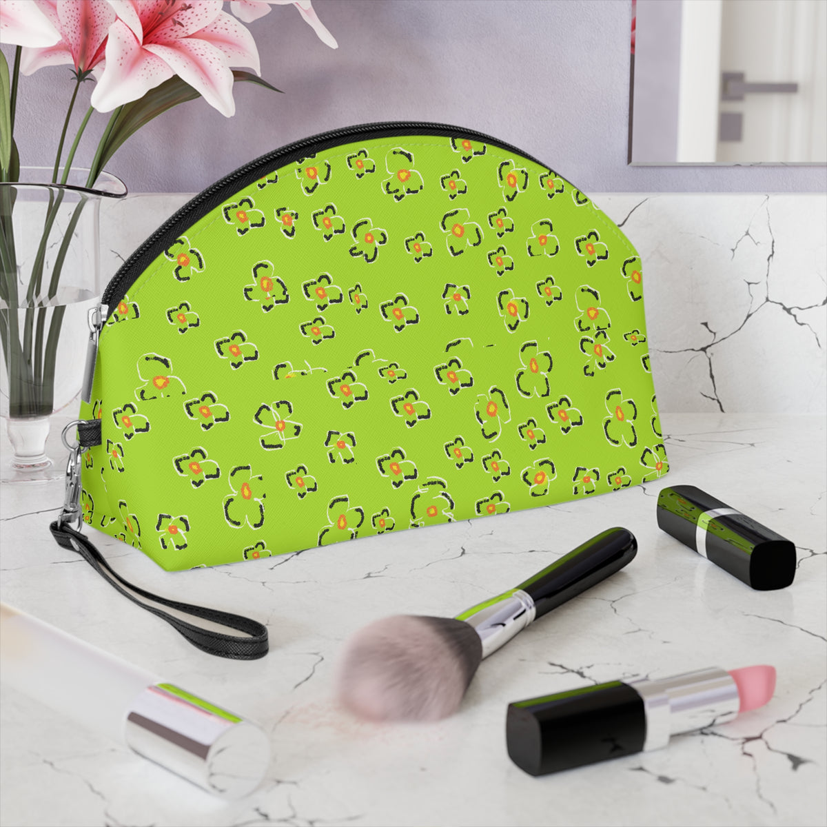 Green Floral Makeup Bag — Lime Leopard Print Cosmetic Pouch
