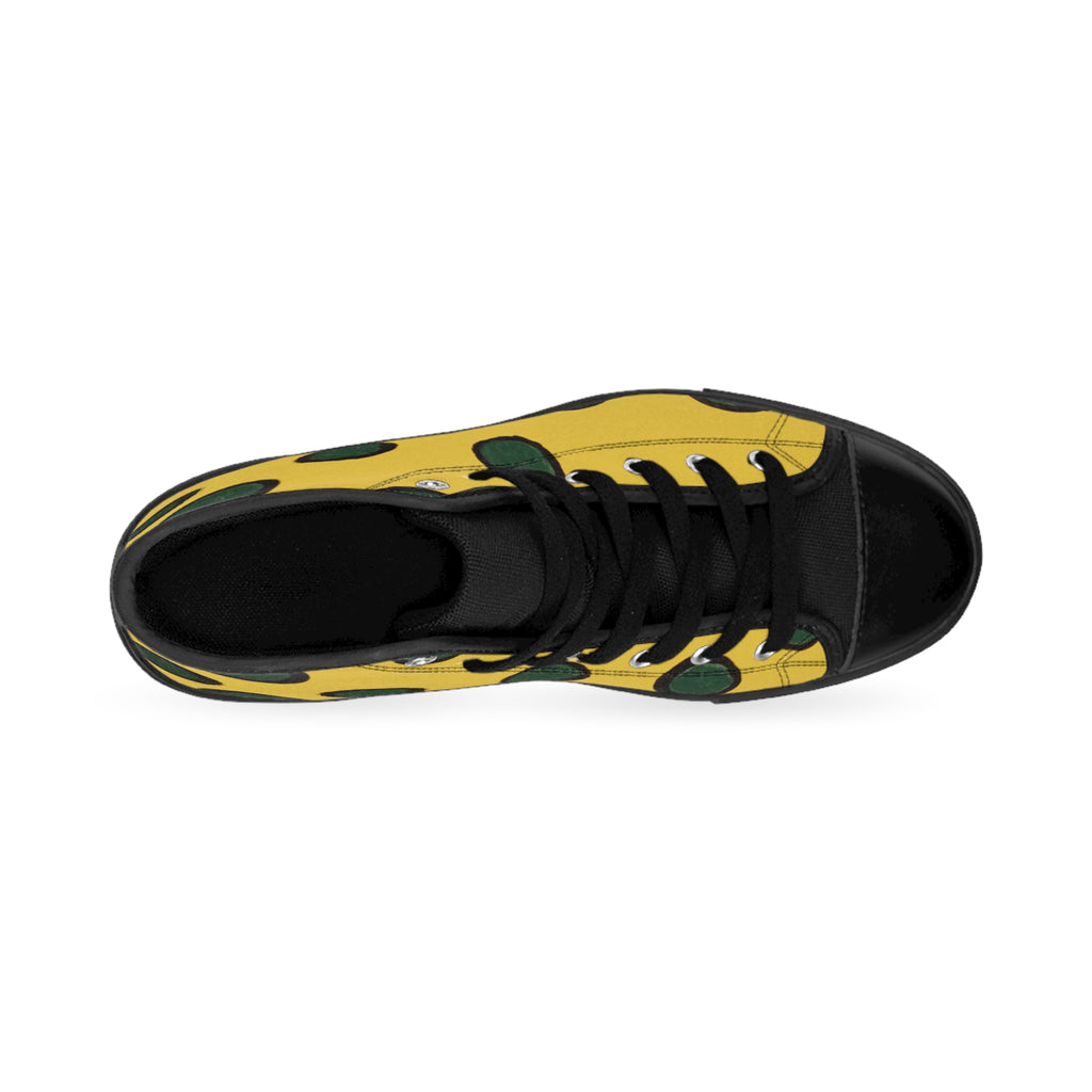 Yellow Polka Dot High-Top Sneakers — Women's Retro Green Spot Canvas Shoes