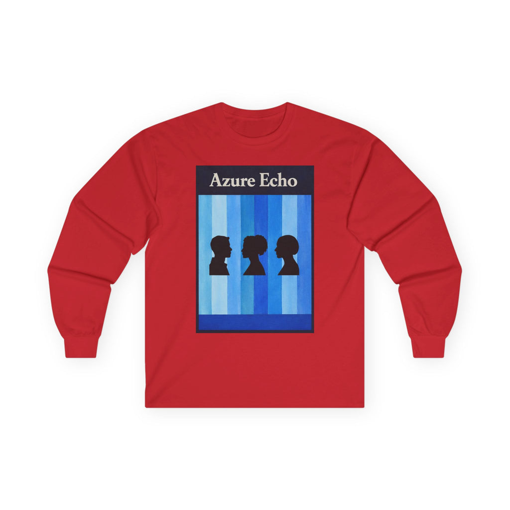 Azure Echo Long Sleeve Tee — Blue Stripe Silhouette Graphic