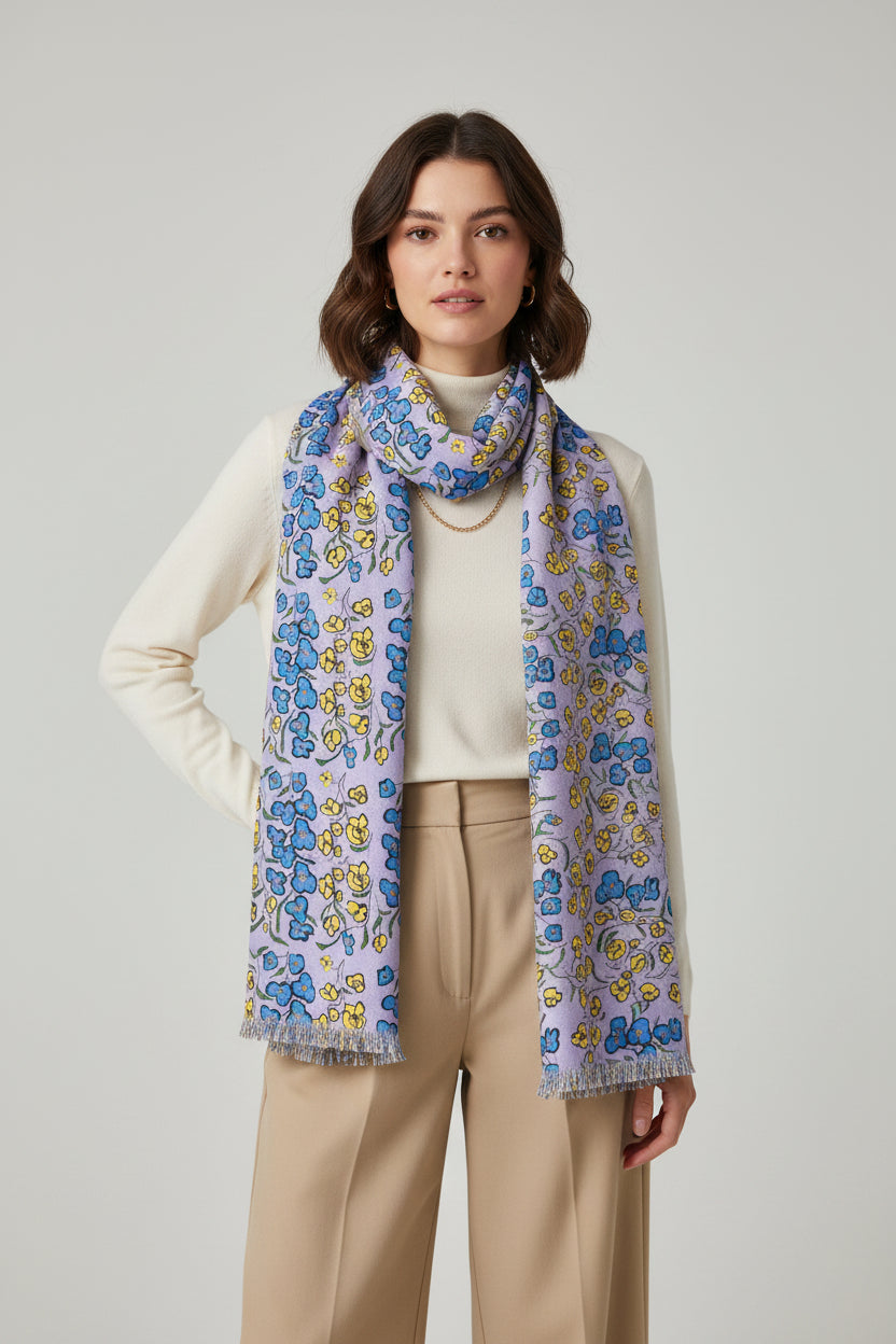 Pastel Floral Lightweight Scarf — Lavender Blue Yellow Spring Accessory