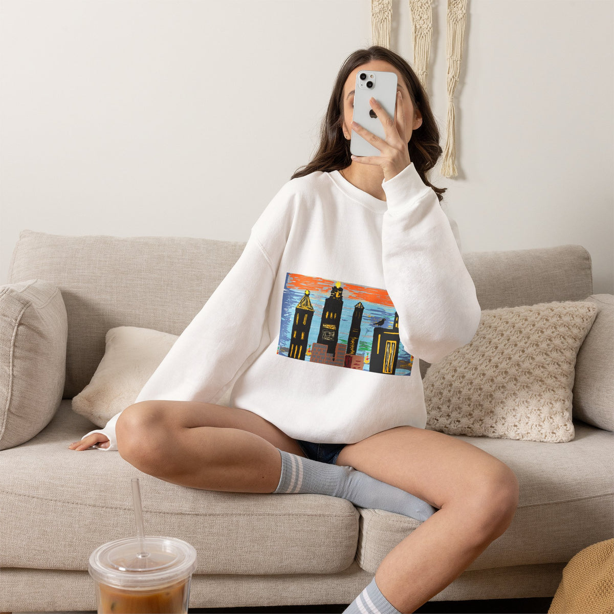 City Skyline Crewneck Sweatshirt — Colorful Urban Sunset Graphic