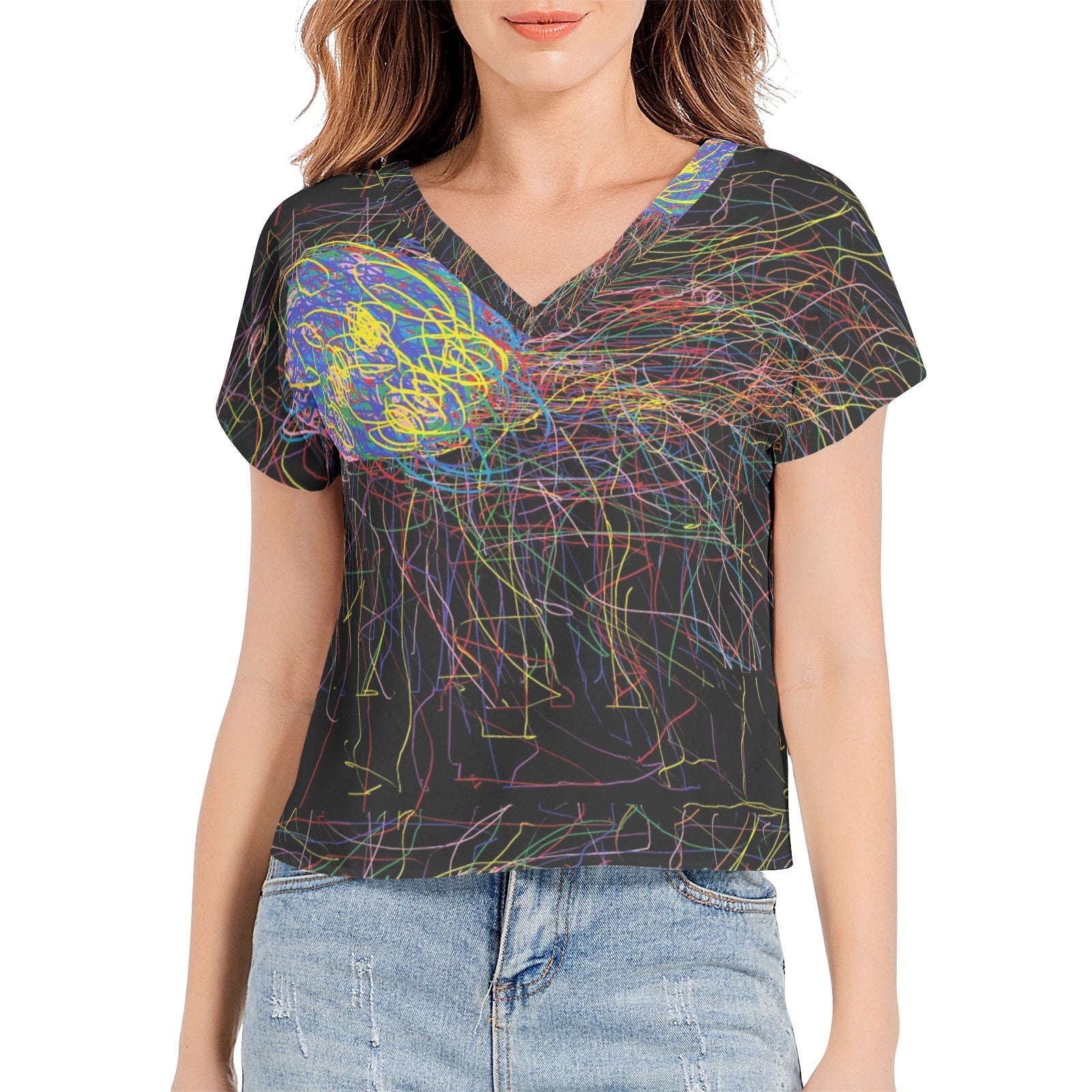 black printed Batwing Sleeve V-Neck Top