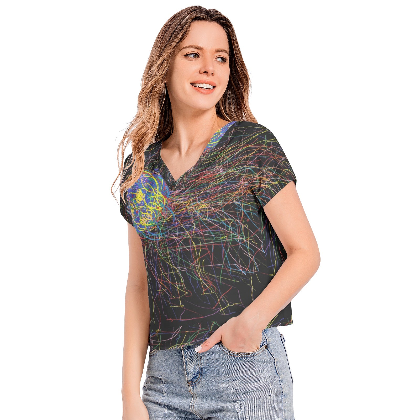 black printed Batwing Sleeve V-Neck Top